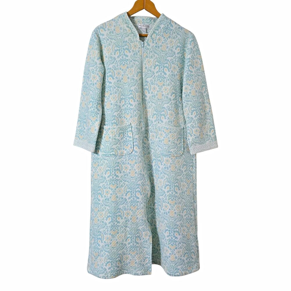 Miss Elaine Quilted Long Robe Housecoat Caftan Zip Front V-Neck Floral Pockets